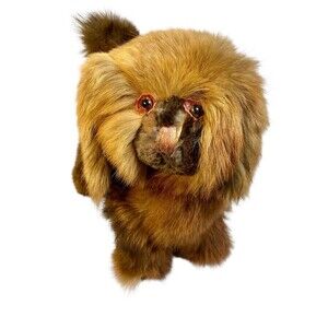 VTG Pekingese Dog Figurine 16" Real Fur Glass Eyes Artisan Made Realistic
